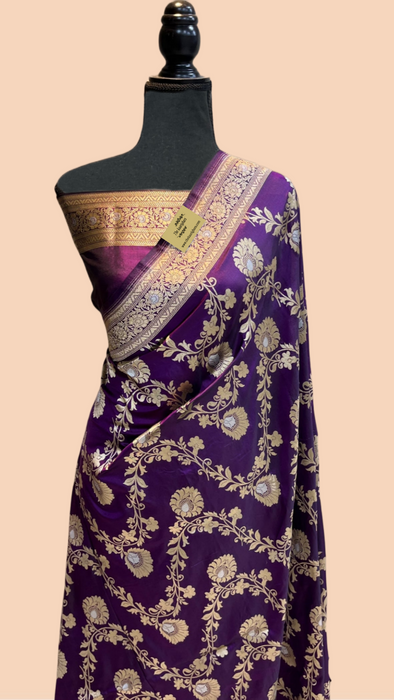 Purple Pure Katan Banarasi Handloom Saree - Sona Roopa Jaal Work