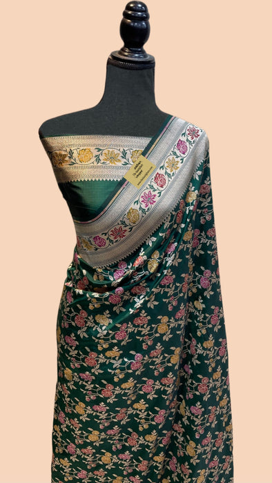 Bottle Green Pure Katan Banarasi Handloom Saree - Meenakari Work