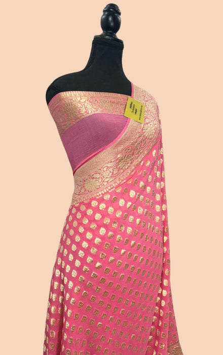 Italian Pink Pure Khaddi Georgette Banarasi Saree - Water zari