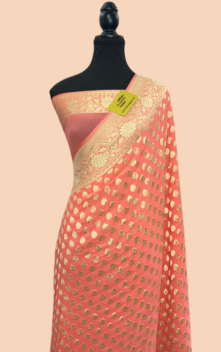 Soft Orange Pure Khaddi Georgette Banarasi Saree - Water zari