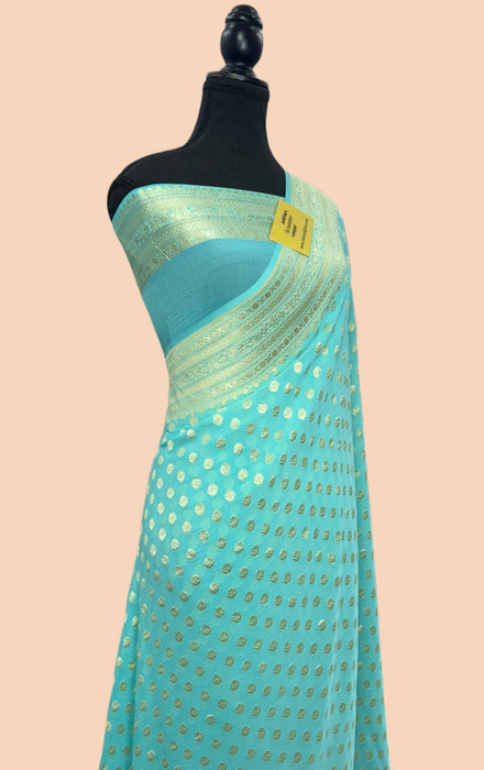 Glacier Pure Khaddi Georgette Banarasi Saree - Water zari