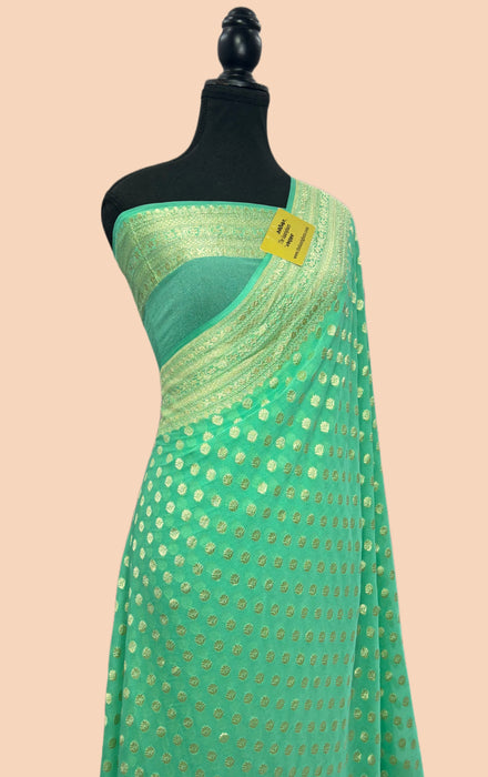 Sea Green Pure Khaddi Georgette Banarasi Saree - Water zari