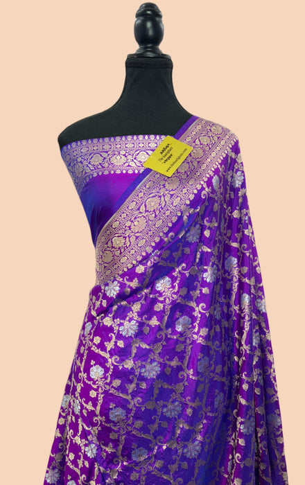 Dual Purple Pure Katan Banarasi Handloom Saree - Sona Roopa Jaal Work