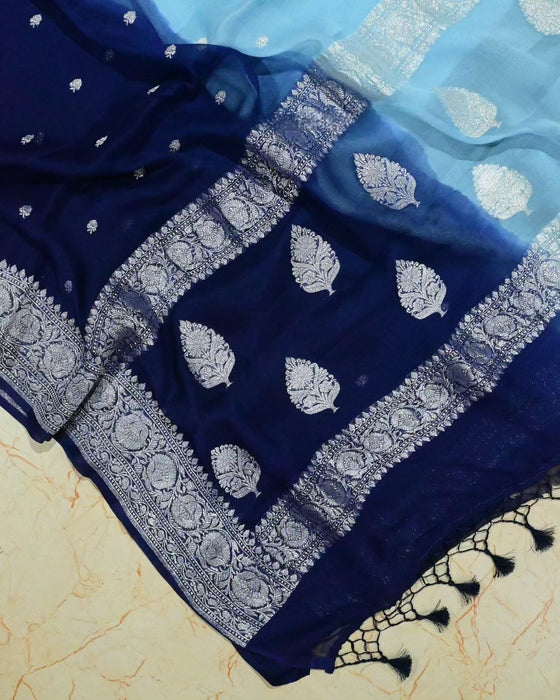 Double Shade Blue Kadhwa Chiffon Georgette Handloom Saree