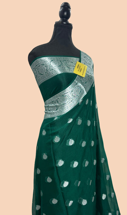 Botle Green Pure Khaddi Chiffon Banarasi Saree