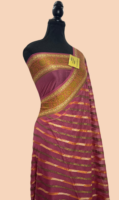 Dark Mauve Pure Khaddi Chiffon Banarasi Saree