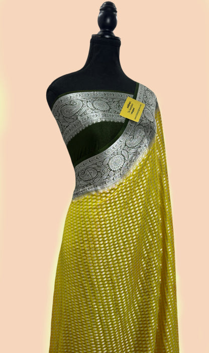 Yellow Black Pure Khaddi Chiffon Banarasi Saree