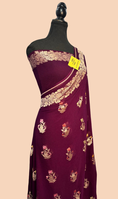 Wine Khaddi Georgette Banarasi Handloom Saree - Tilfi Meenakari