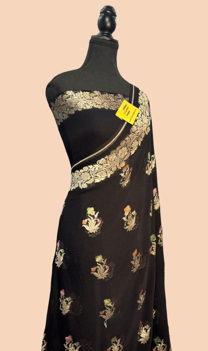 Black Khaddi Georgette Banarasi Handloom Saree - Tilfi Meenakari