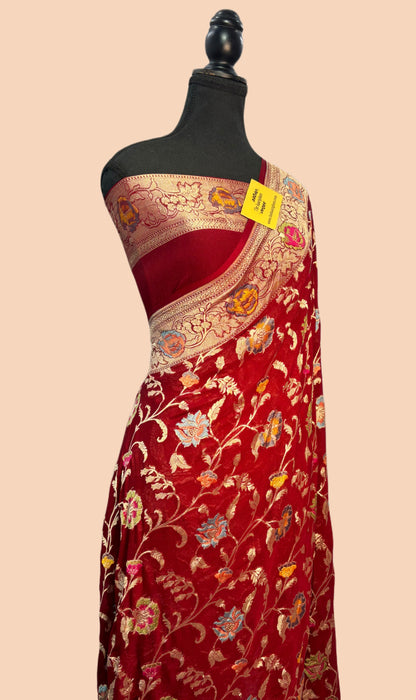 Red Khaddi Georgette Banarasi Handloom Saree - Tilfi Meenakari