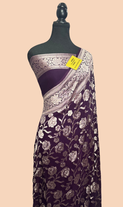 Magenta Pure Khaddi Georgette Banarasi Handloom Saree - Water Zari