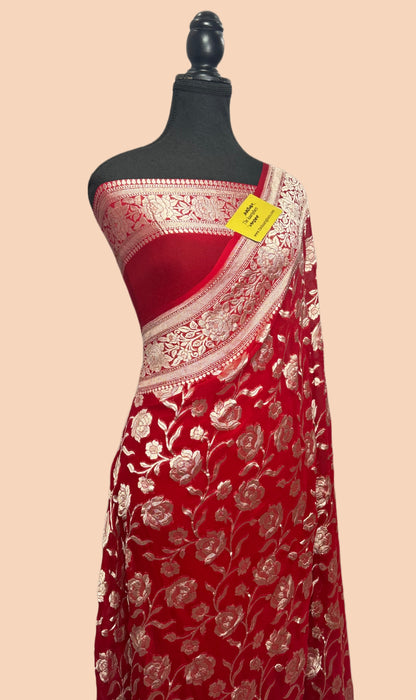 Red Pure Khaddi Georgette Banarasi Handloom Saree - Water Zari