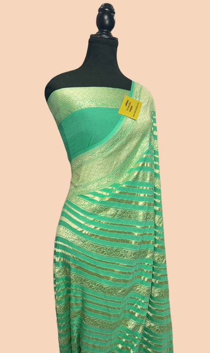 Torquoise Green Pure Khaddi Georgette Banarasi Saree - Water Zari