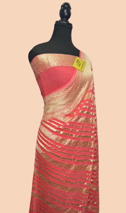 Pink Pure Khaddi Georgette Banarasi Handloom Saree - Water Zari