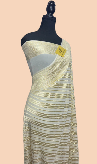 Cream Pure Khaddi Georgette Banarasi Handloom Saree - Water Zari