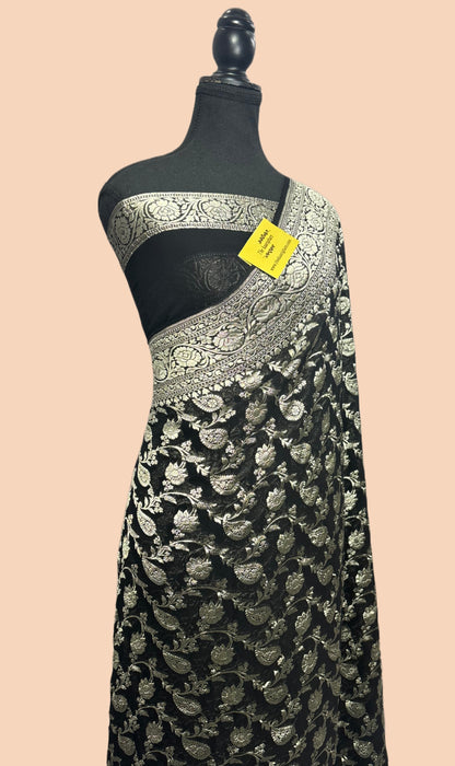 Black Pure Khaddi Georgette Banarasi Saree - Water Zari