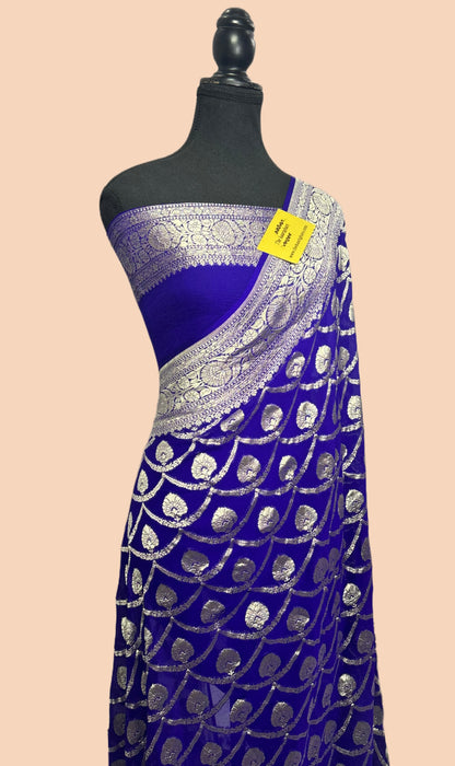 Royal Blue Pure Khaddi Georgette Banarasi Handloom Saree - Water Zari