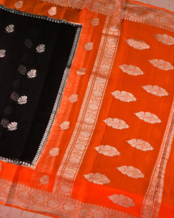 Black Pure Khaddi Georgette Banarasi Saree - Silver Zari