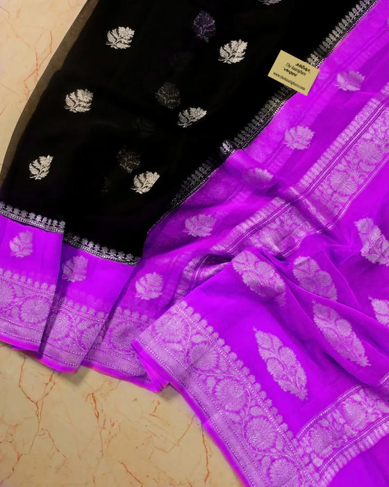 Purple & Black Pure Khaddi Georgette Banarasi Saree - Silver Zari
