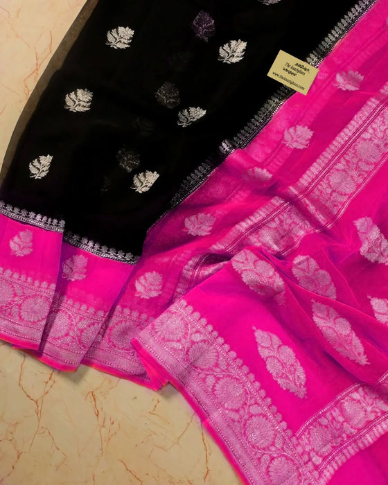 Rani Black Pure Khaddi Georgette Banarasi Saree - Silver Zari
