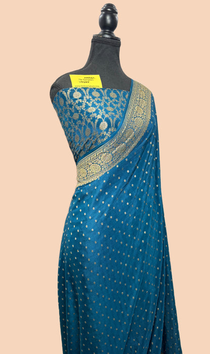 German Blue Pure Khaddi Crepe Banarasi Handloom Saree - Antique Zari