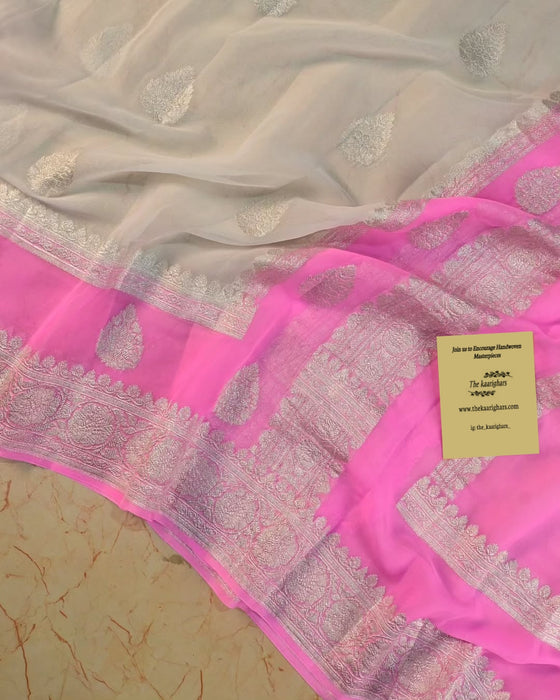 Pink & white Khaddi Georgette Handloom Saree - Silver Zari