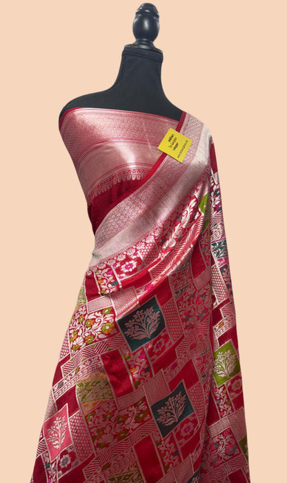 Red Pure Tussar Georgette Banarasi Handloom Saree - Pashmina Jangla Paithani