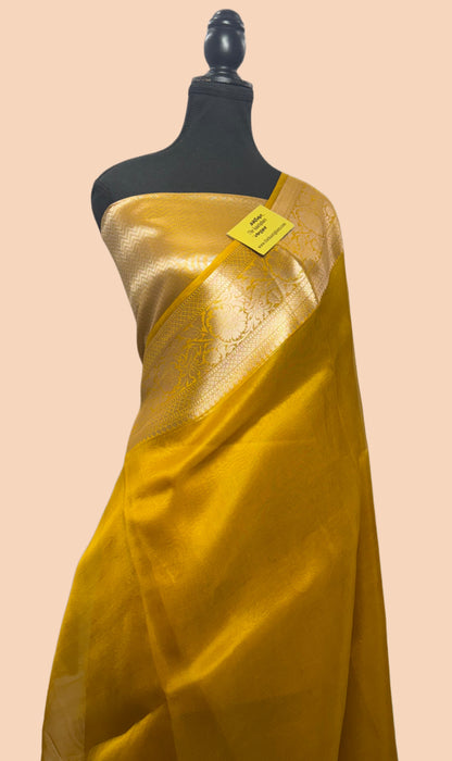 Golden yellow Pure Kora Banarasi Handloom Saree - Reshmi Kora