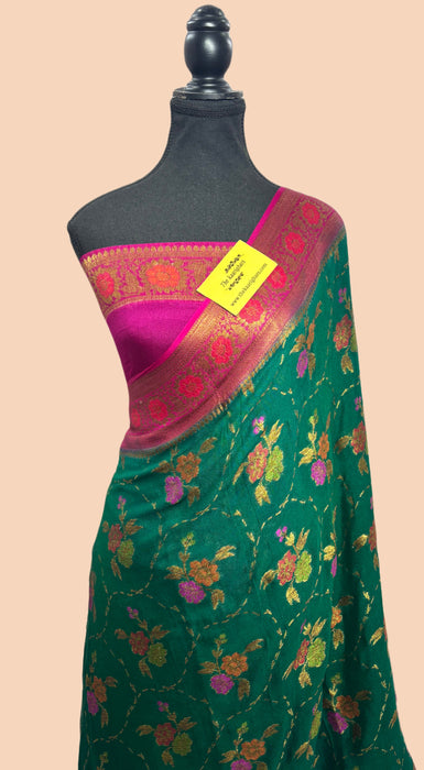 Bottle Green Pure Khaddi Chiffon Banarasi Saree - Meenakari Work