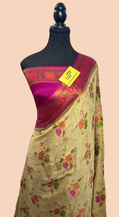 Cream Pure Khaddi Chiffon Banarasi Saree - Meenakari Work