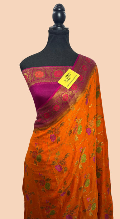 Dirty Orange Pure Khaddi Chiffon Banarasi Saree - Meenakari Work