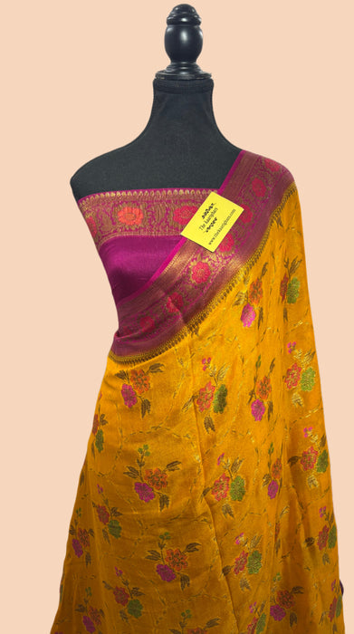 Persian Mustard Pure Khaddi Chiffon Banarasi Saree - Meenakari Work