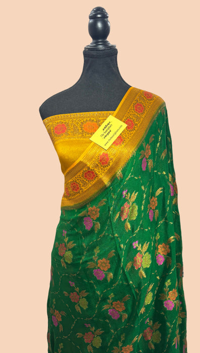 Green Pure Khaddi Chiffon Banarasi Saree - Meenakari Work