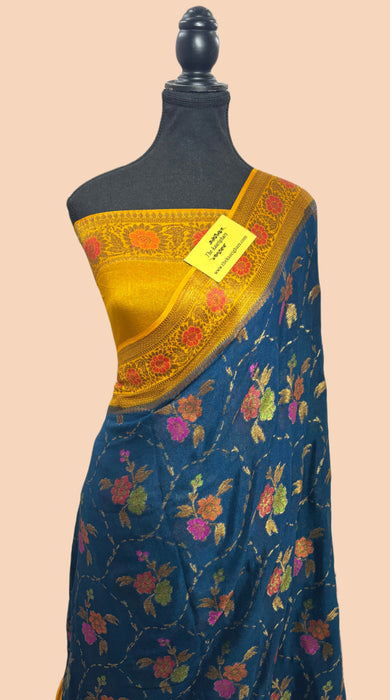 Midnight Pure Khaddi Chiffon Banarasi Saree - Meenakari Work