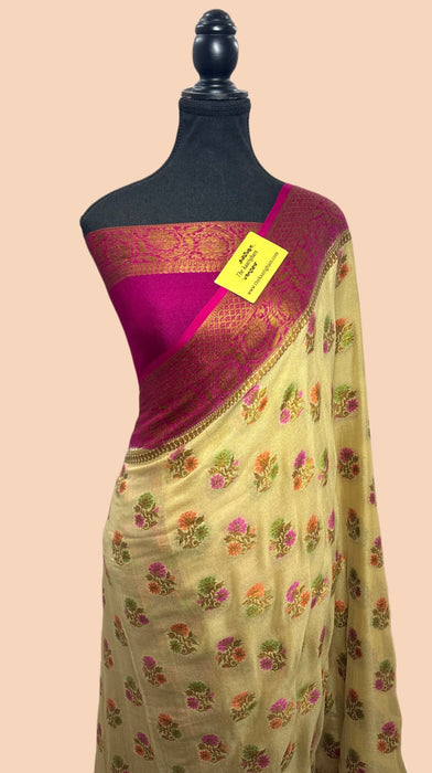 Cream Pure Khaddi Chiffon Banarasi Saree - Meenakari Work