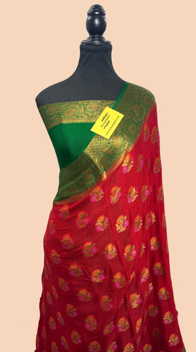 Red Pure Khaddi Chiffon Banarasi Saree - Meenakari Work