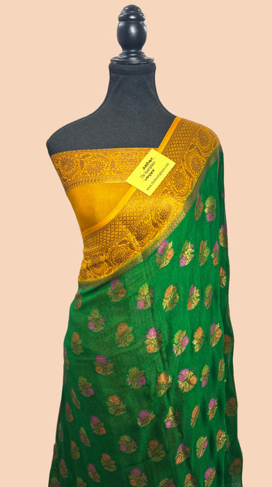 Green Pure Khaddi Chiffon Banarasi Saree - Meenakari Work