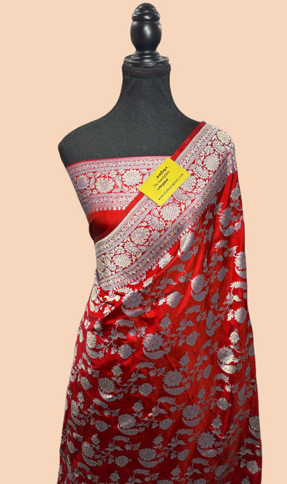 Red Pure Katan Banarasi Handloom Saree - Sona Jaal Work