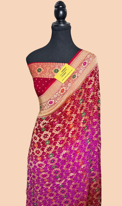 Handwoven Pure Georgette Bandhani Banarasi Saree - Meenakari Work
