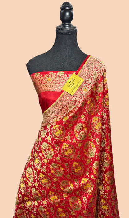 Dirty Red Pure Katan Banarasi Handloom Saree - Meenakari Jaal Work