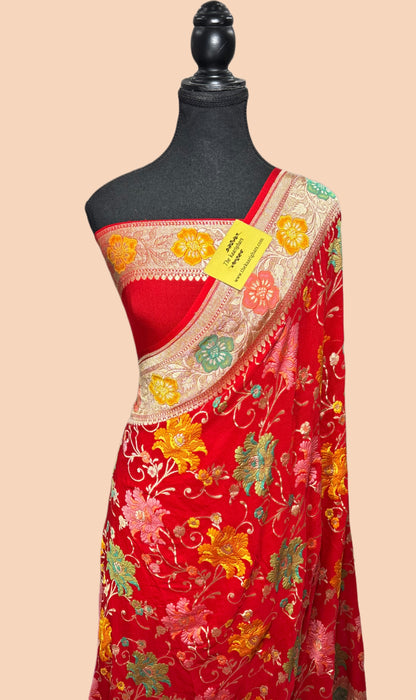 Red Khaddi Georgette Banarasi Handloom Saree - Meenakari