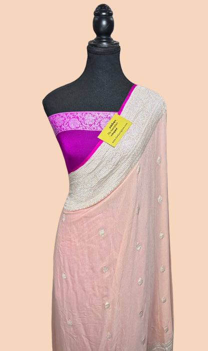 Pink Pure Kadhwa Chiffon Georgette Banarasi Saree - Silver Zari