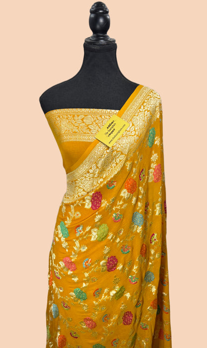 Gold Khaddi Georgette Banarasi Handloom Saree - Meenakari