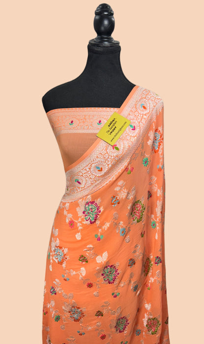 Peach Khaddi Georgette Banarasi Handloom Saree - Meenakari