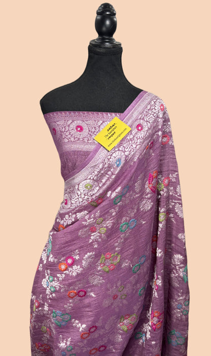 Lavender Pure Tussar Georgette Banarasi Handloom Saree - Meenakari Jaal