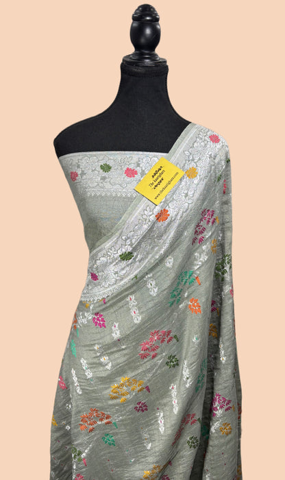 Gray Pure Tussar Georgette Banarasi Handloom Saree - Meenakari Jaal