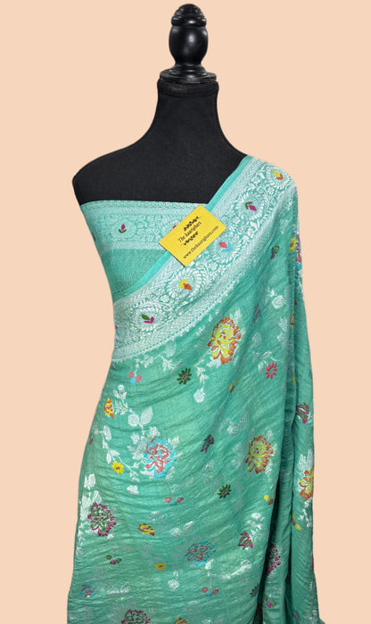 Dirty Glacier Pure Tussar Georgette Banarasi Handloom Saree - Meenakari Jaal