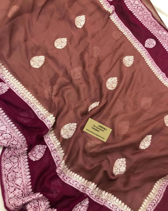 Wine & Copper Pure Khaddi Georgette Handloom Banarasi Saree - Silver Zari