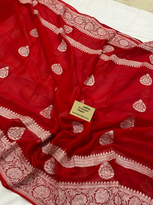 Red Pure Khaddi Georgette Banarasi Handloom Saree - Silver Zari
