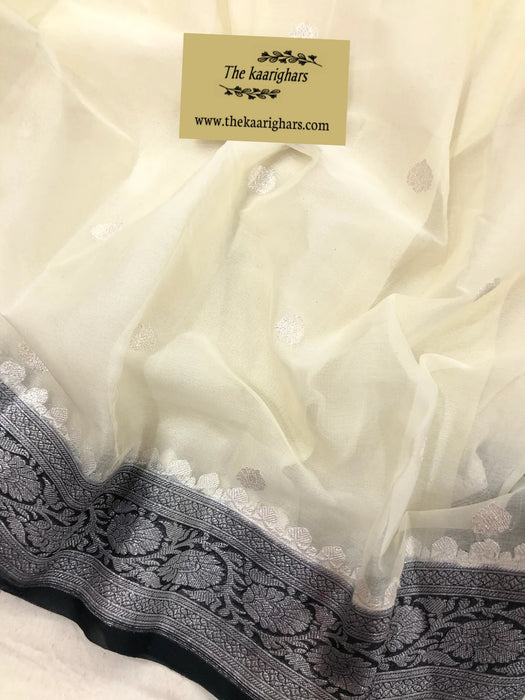 Black & Cream Pure Kadhwa Chiffon Georgette Banarasi Saree - Silver Zari